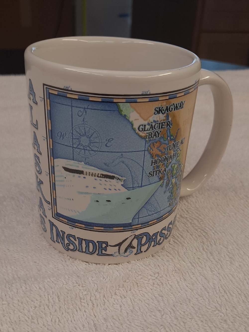 Alaska Inside Passage 50th Anniversary Blue and White Ceramic Mug.
